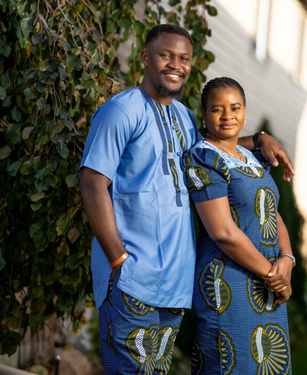 Banky & Adesua Blue Short Sleeves Shirt Trouser and Gown