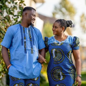 Banky & Adesua Blue Short Sleeves Shirt Trouser and Gown